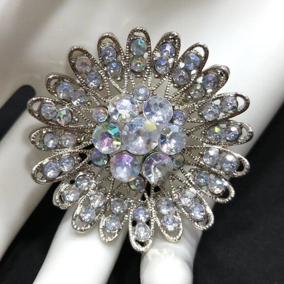 Rhinestone Flower Brooch, Aurora Borealis Clear Rhinestones, Silver Tone, 1 3/4" - Picture 1 of 7
